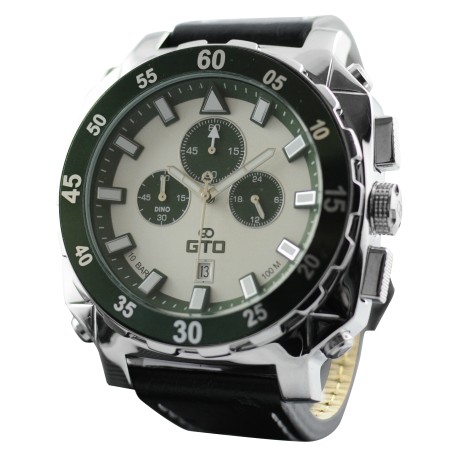 Montre carrée pour homme - Montre noire et vert impérial avec bracelet en cuir noir - Montre Dino Casual de GTO
